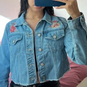 Forever 21 Blue Denim Jacket with Red Floral Embroidery